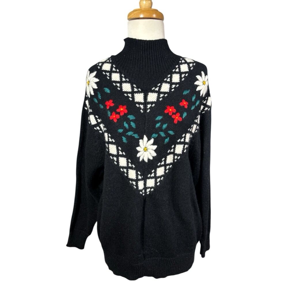 Vintage 80s Alpine Floral Mock Neck Ski Sweater